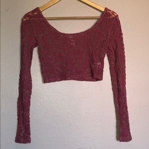 Pink Lace Long Sleeve Crop Top